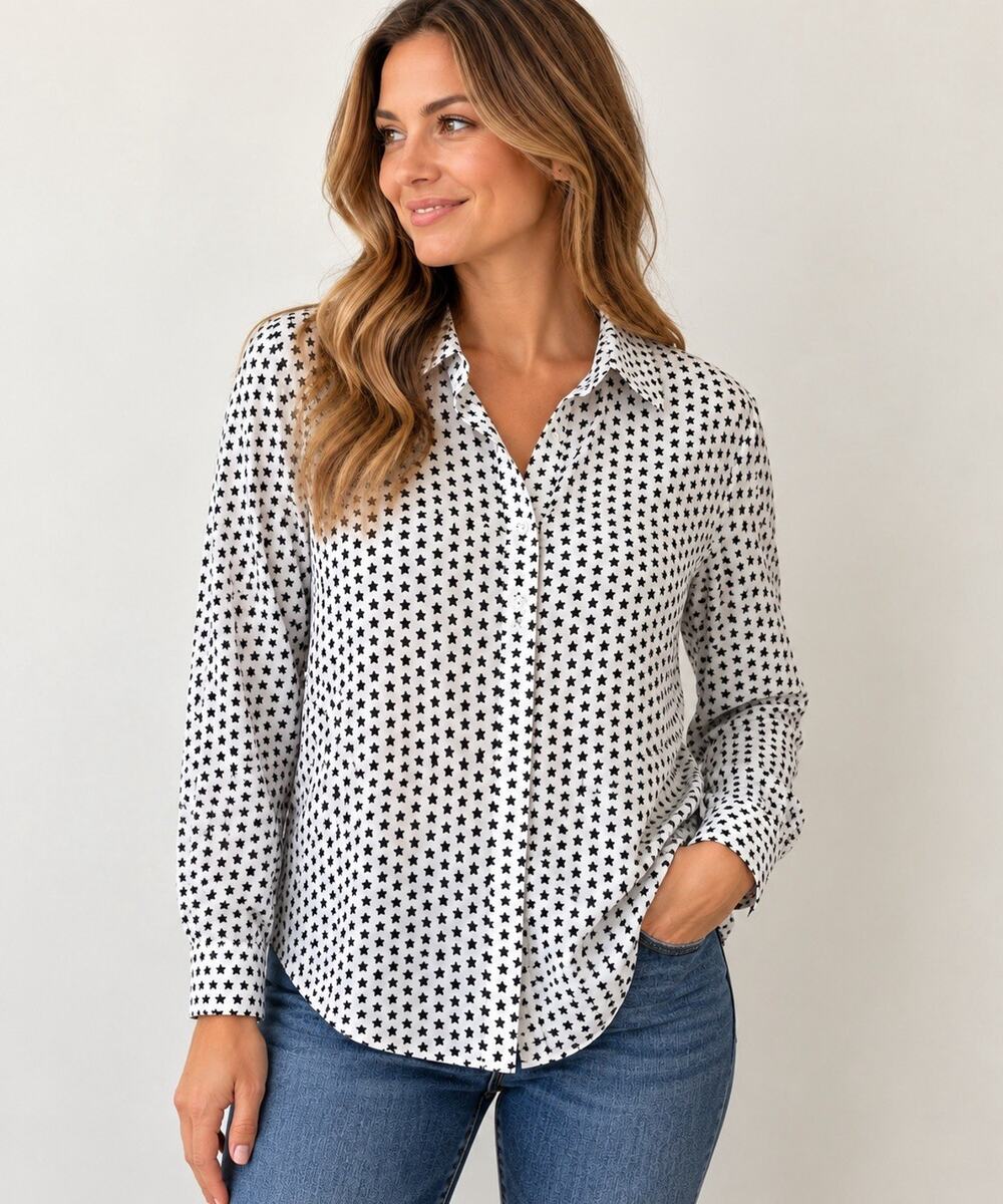 Joe Fresh Women’s M Star Print Button Front Long Sleeve Blouse Shirt Black White